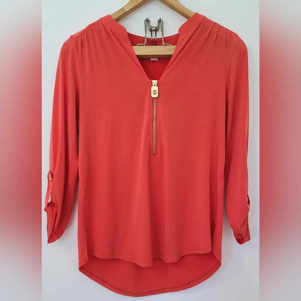 Michael Kors Coral Orange Quarter Zip Rolltab sleeve Blouse
